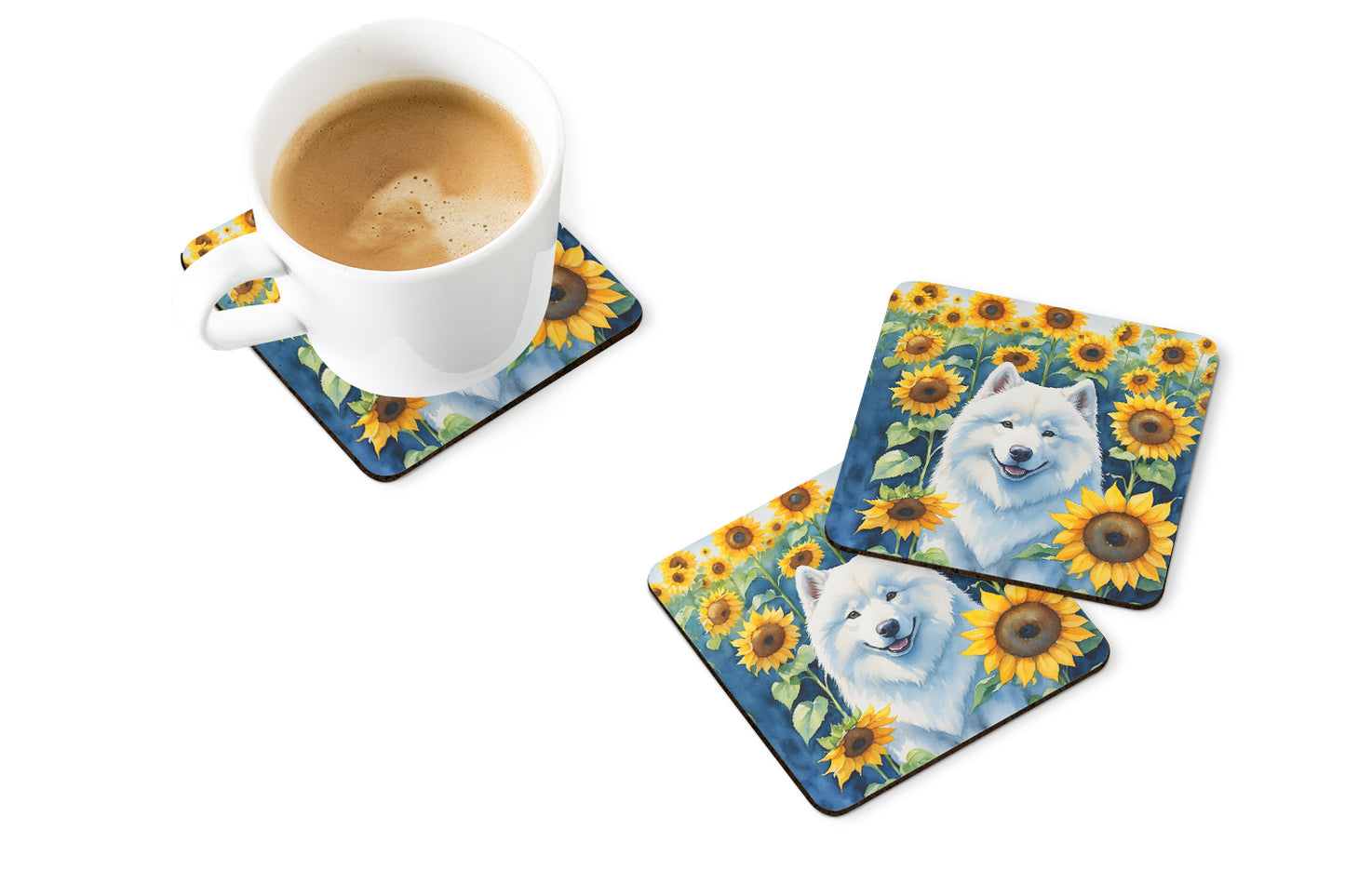 Samoyed in Sunflowers Foam Coasters