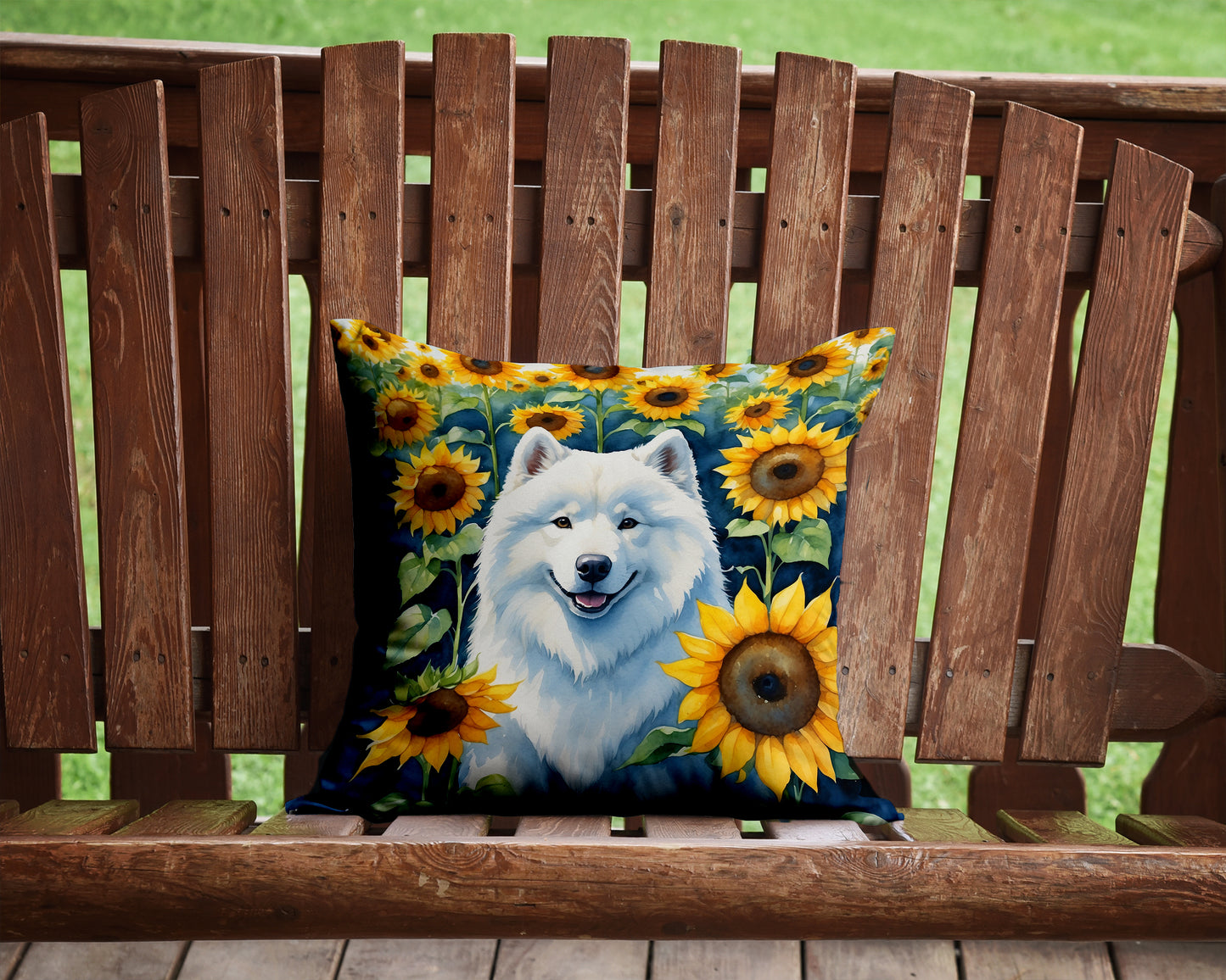 Samoyed in Sunflowers Throw Pillow