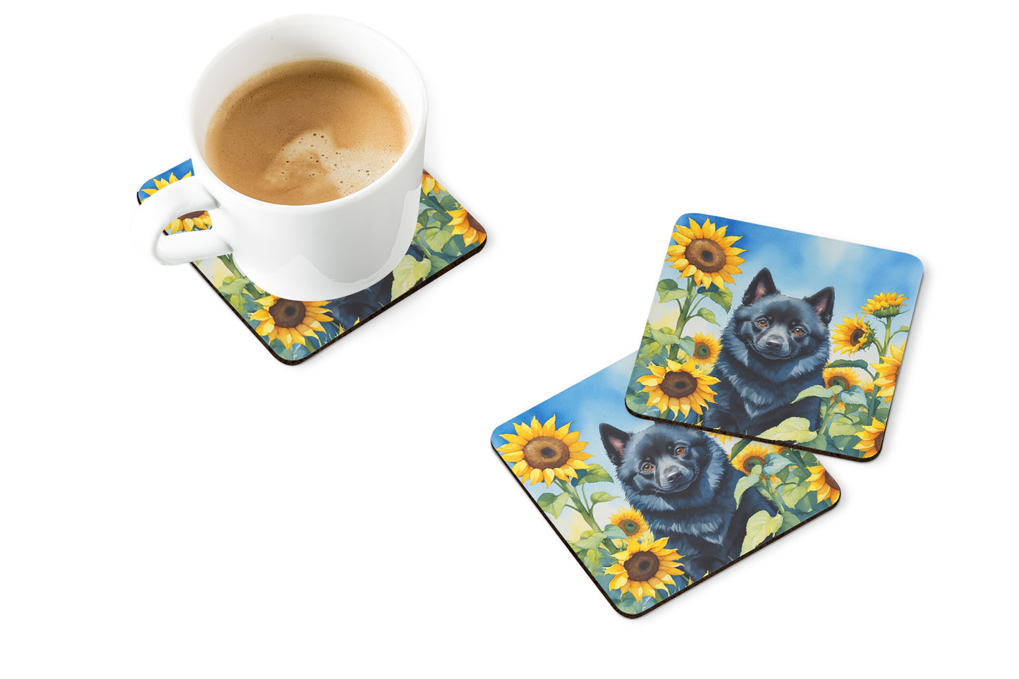 Schipperke in Sunflowers Foam Coasters