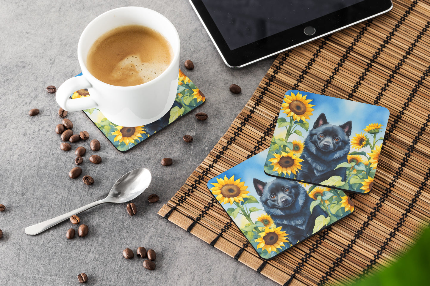 Schipperke in Sunflowers Foam Coasters