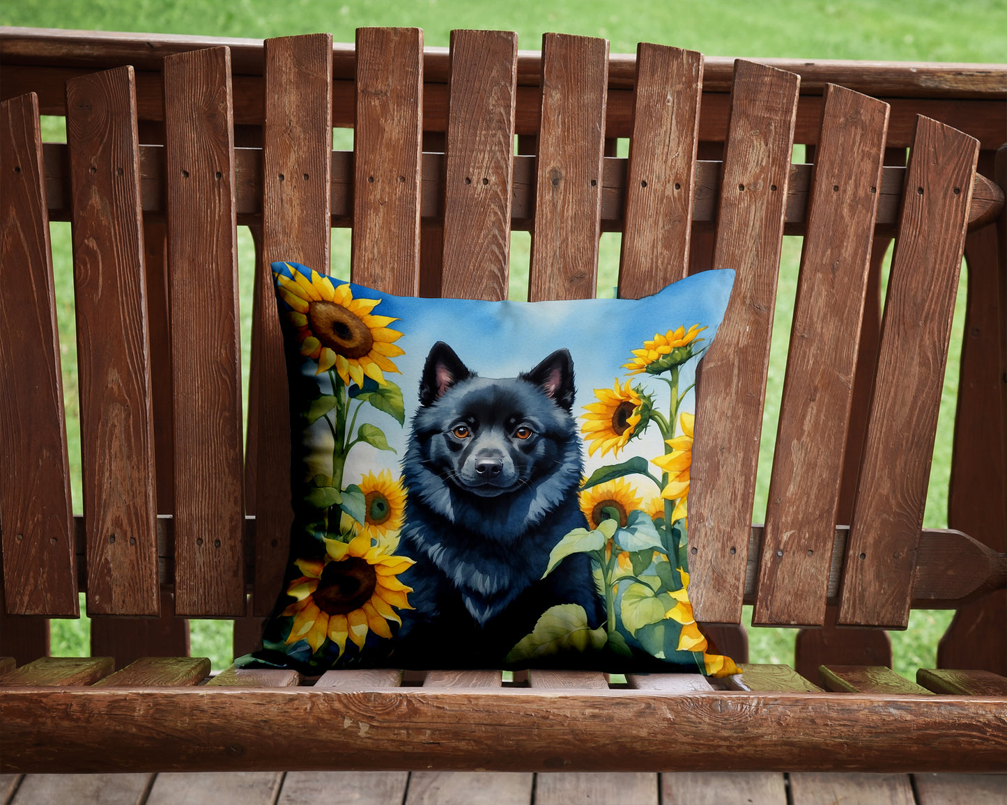 Schipperke in Sunflowers Throw Pillow