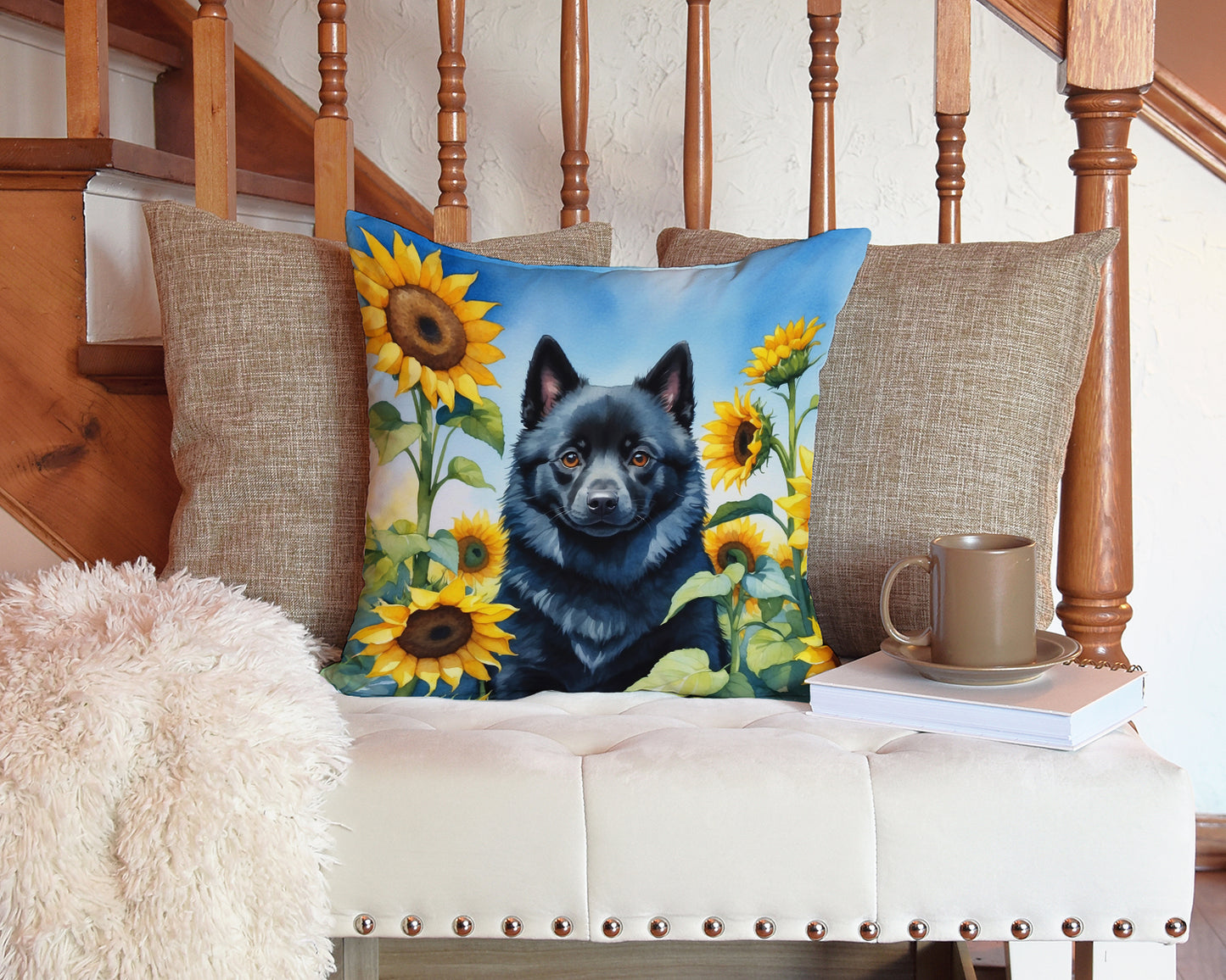 Schipperke in Sunflowers Throw Pillow