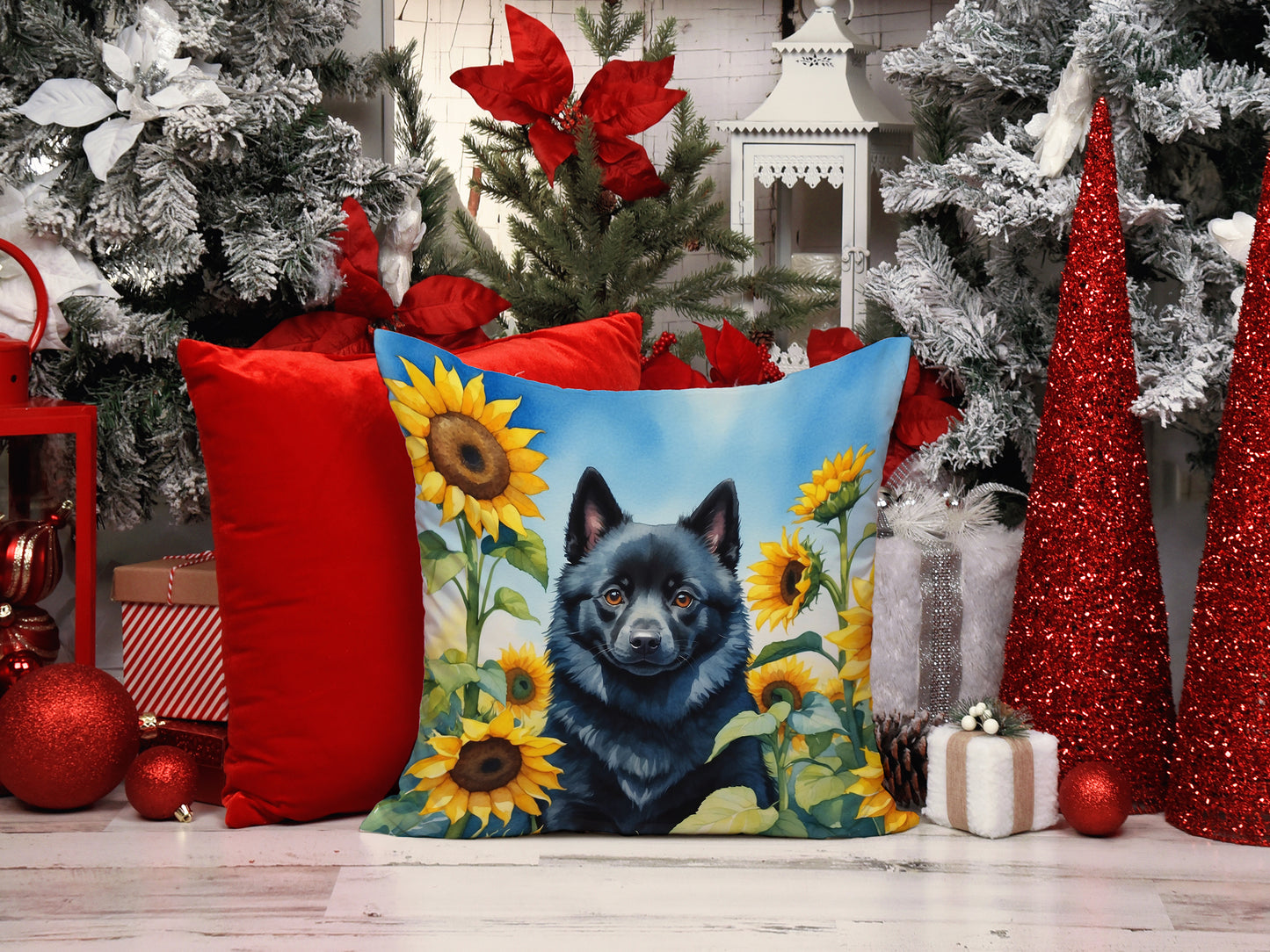 Schipperke in Sunflowers Throw Pillow