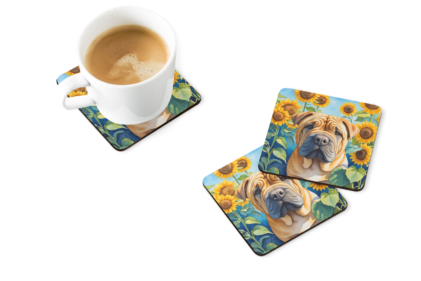 Shar Pei in Sunflowers Foam Coasters