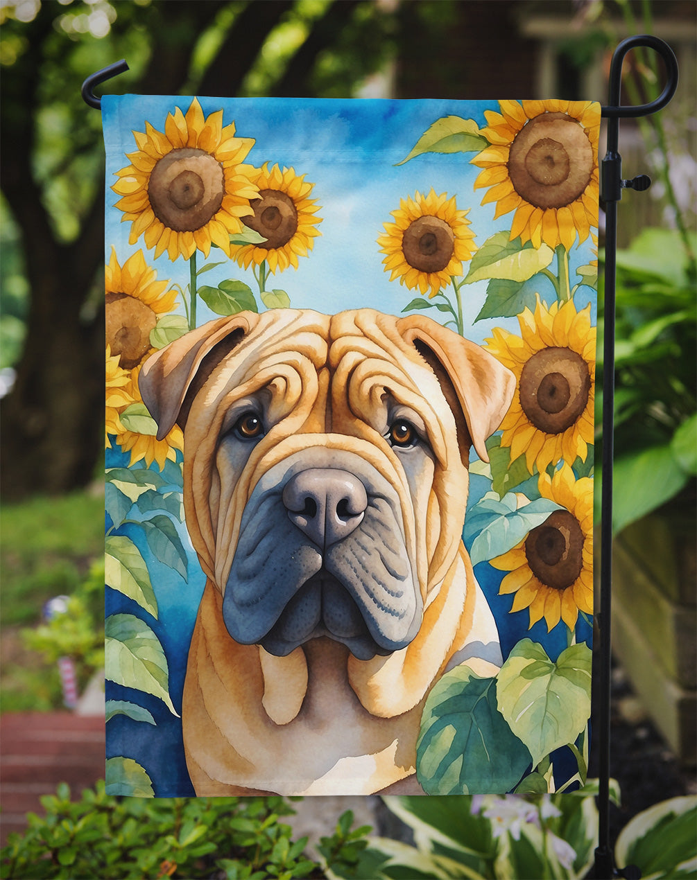 Shar Pei in Sunflowers Garden Flag