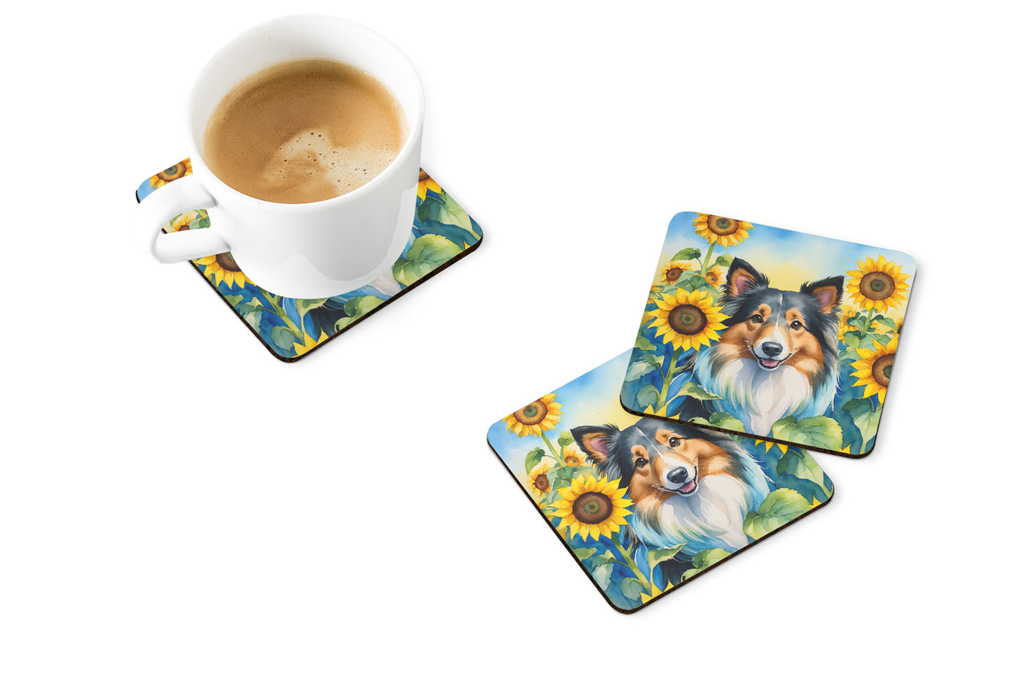 Sheltie in Sunflowers Foam Coasters