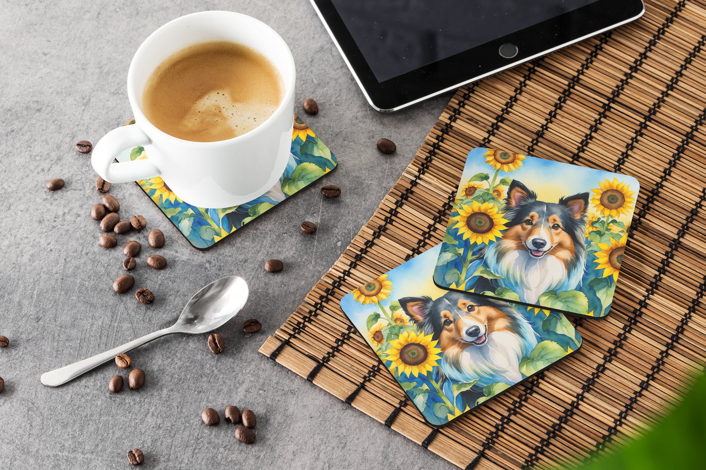 Sheltie in Sunflowers Foam Coasters