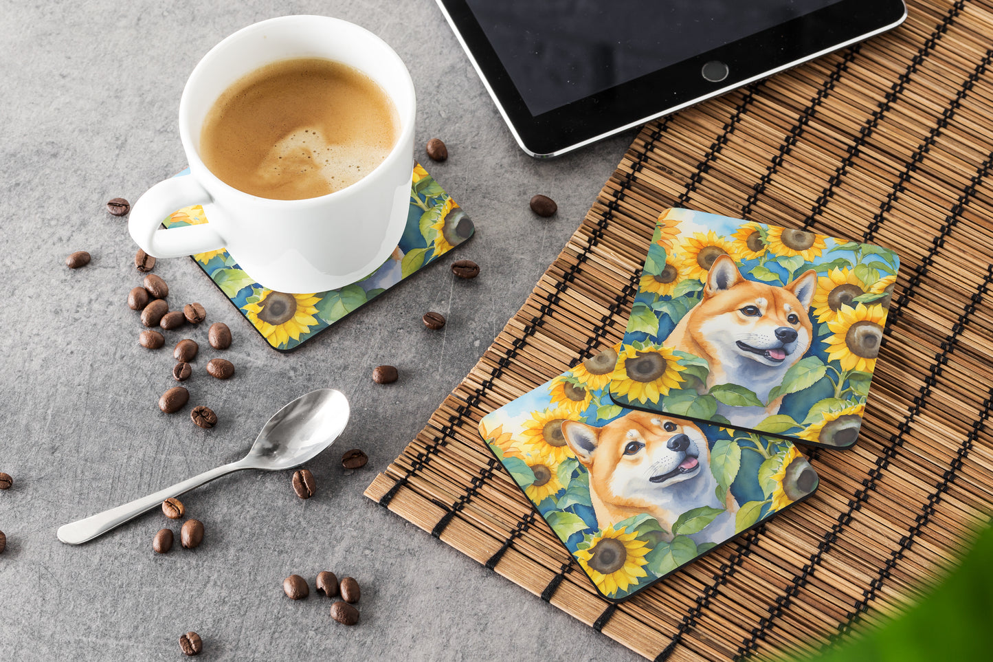 Shiba Inu in Sunflowers Foam Coasters