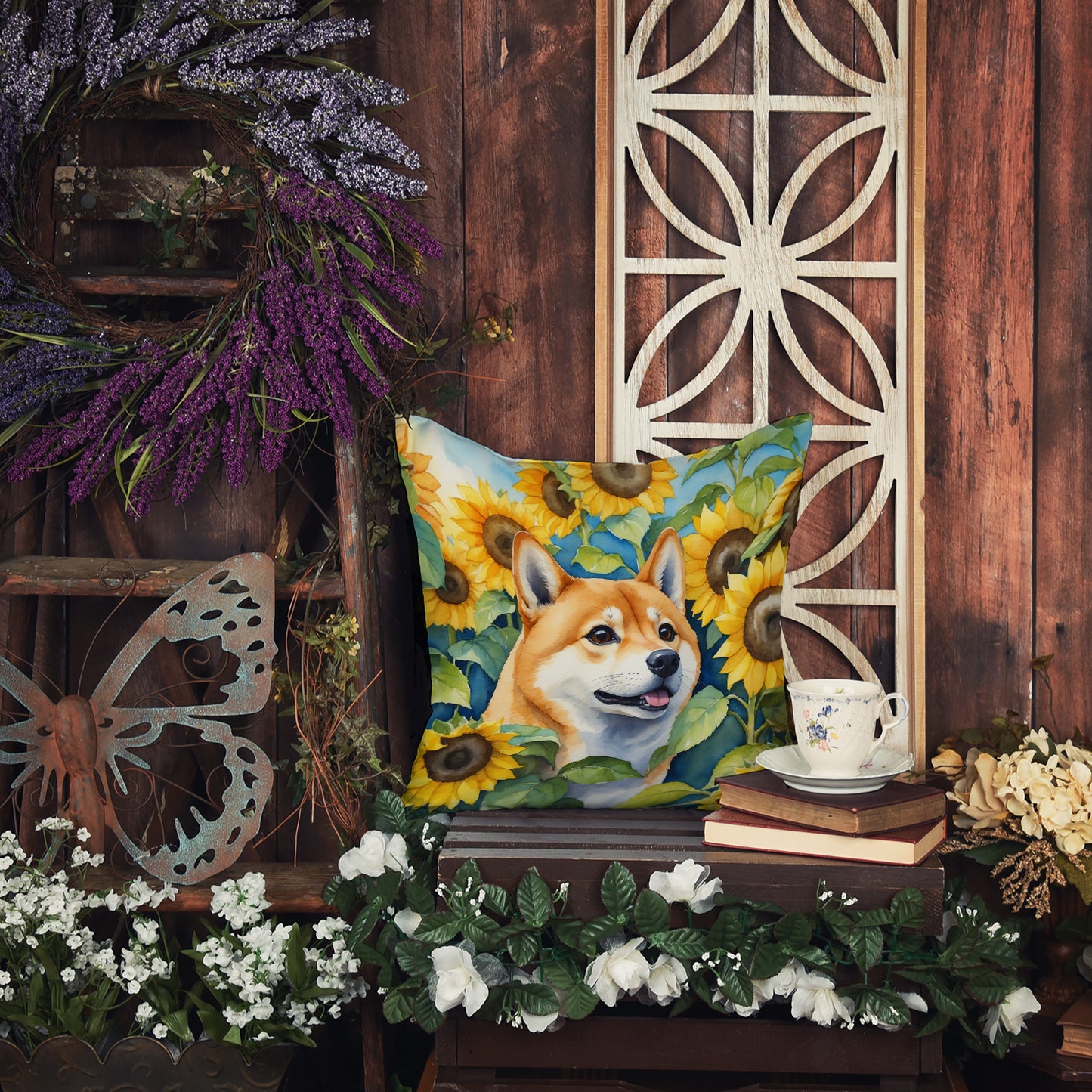 Shiba Inu in Sunflowers Throw Pillow