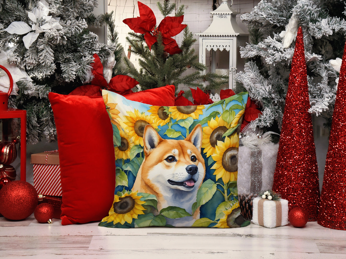 Shiba Inu in Sunflowers Throw Pillow