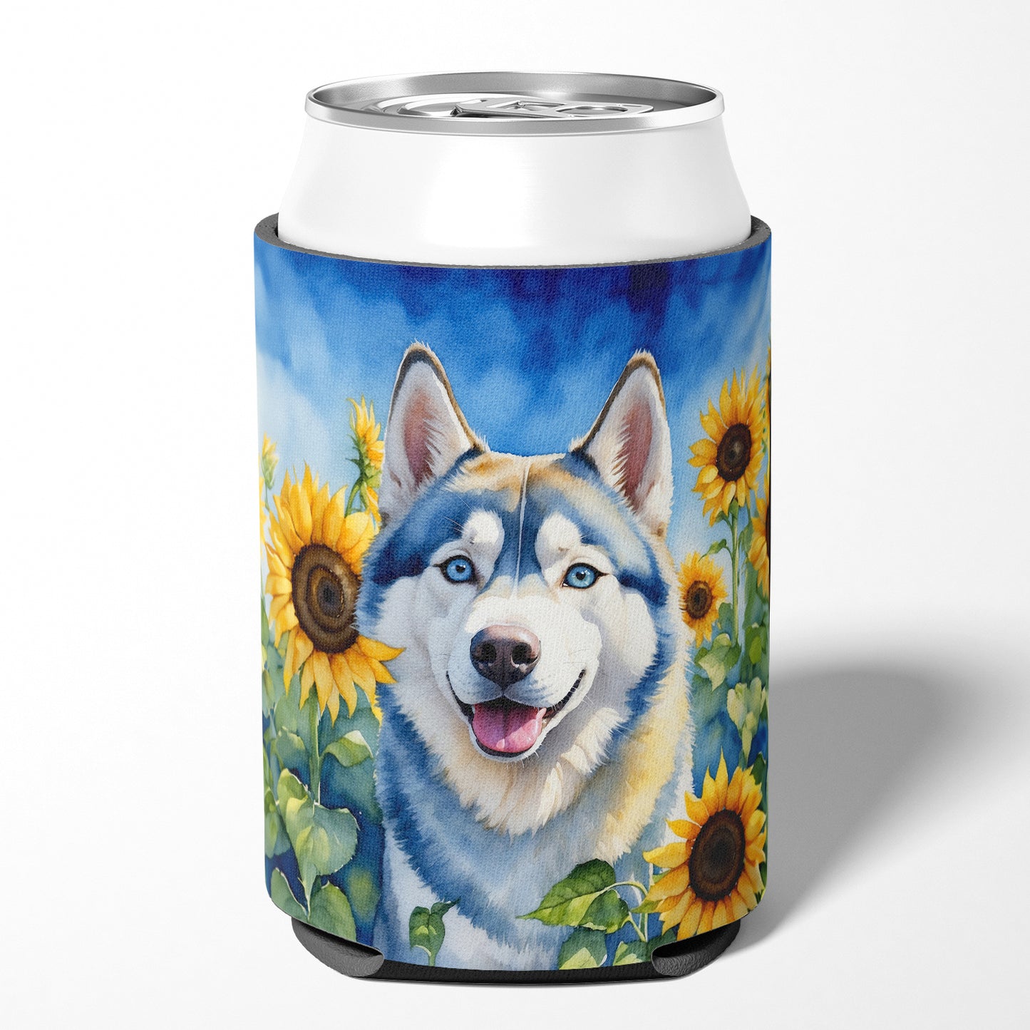 Siberian Husky in Sunflowers Can or Bottle Hugger