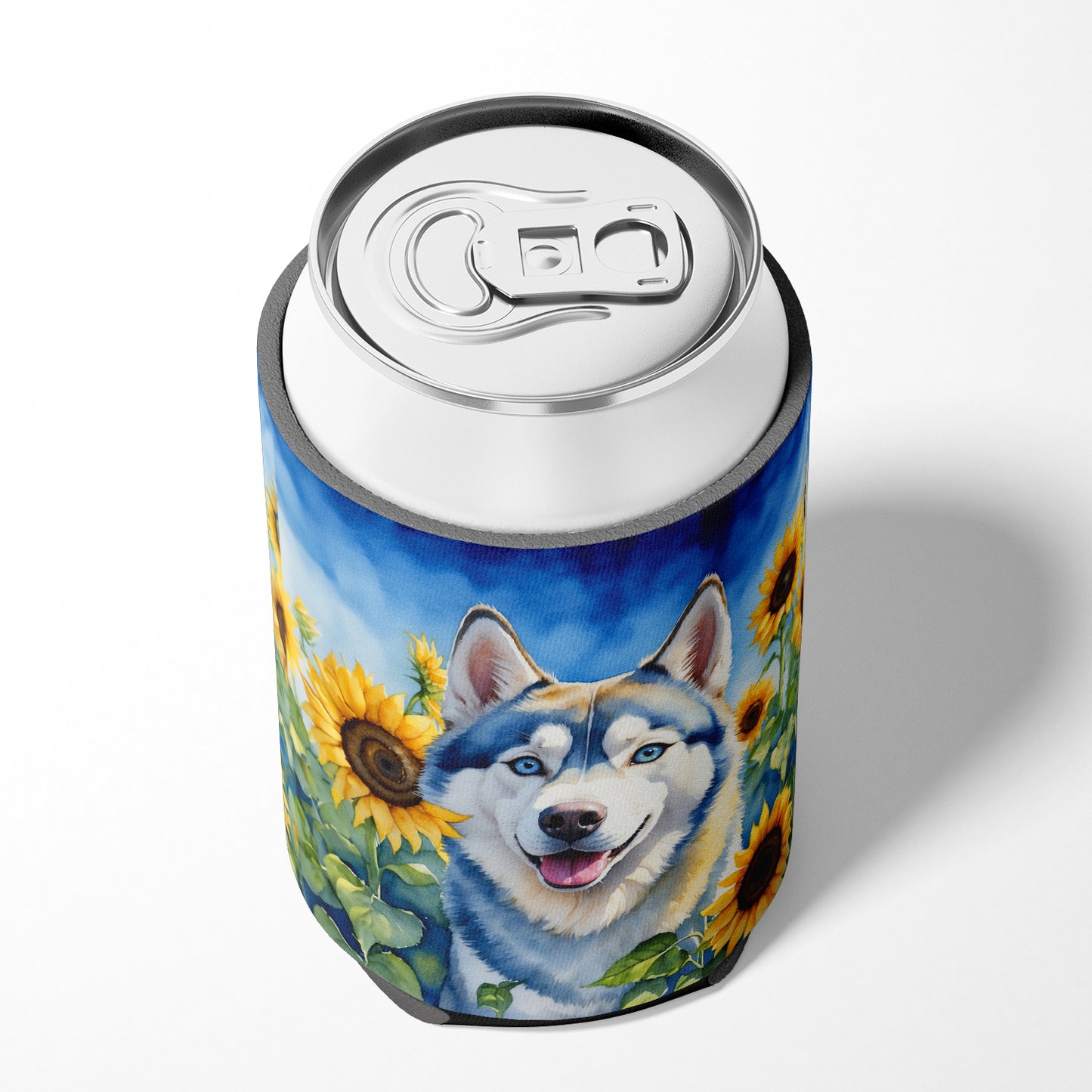 Siberian Husky in Sunflowers Can or Bottle Hugger
