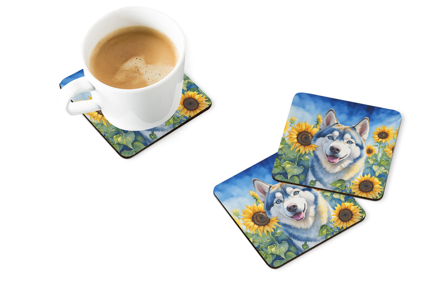 Siberian Husky in Sunflowers Foam Coasters