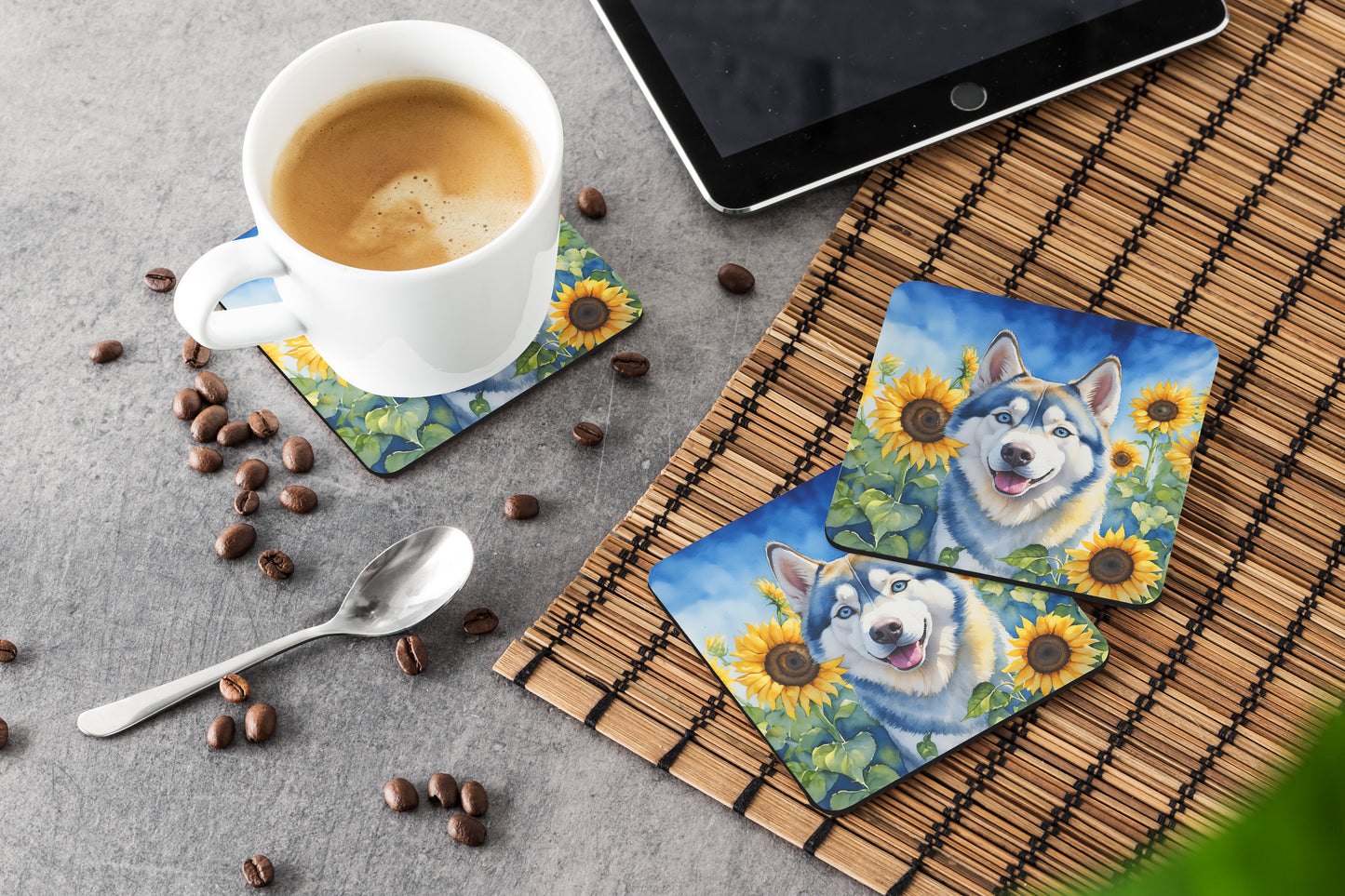 Siberian Husky in Sunflowers Foam Coasters