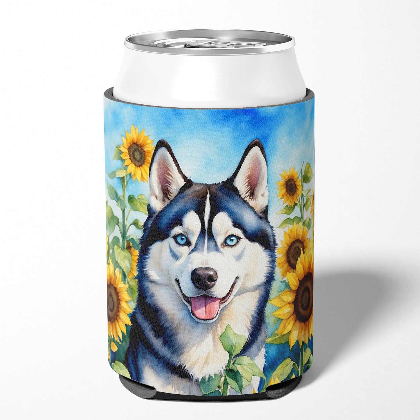 Siberian Husky in Sunflowers Can or Bottle Hugger