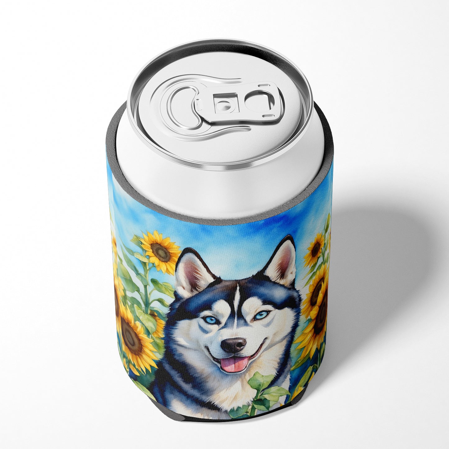 Siberian Husky in Sunflowers Can or Bottle Hugger
