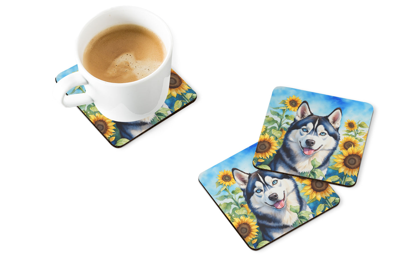 Siberian Husky in Sunflowers Foam Coasters