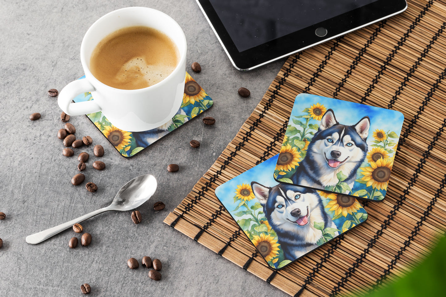 Siberian Husky in Sunflowers Foam Coasters
