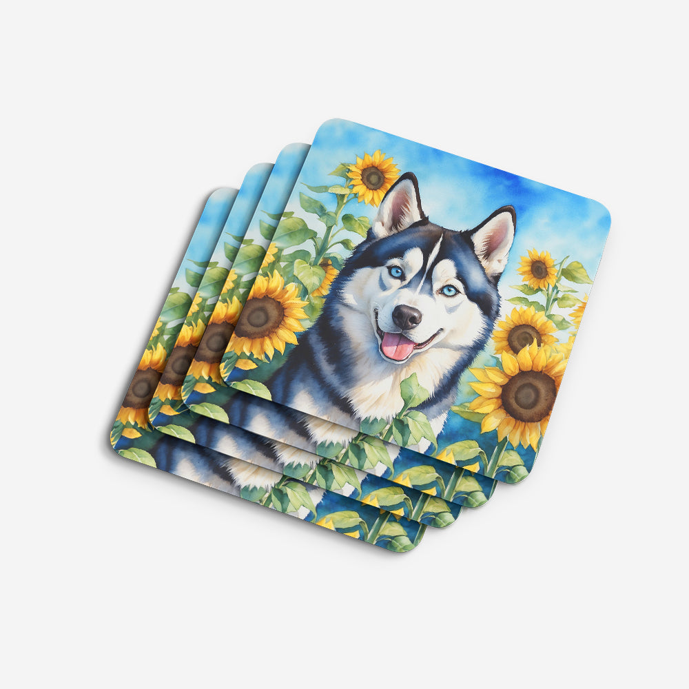 Siberian Husky in Sunflowers Foam Coasters
