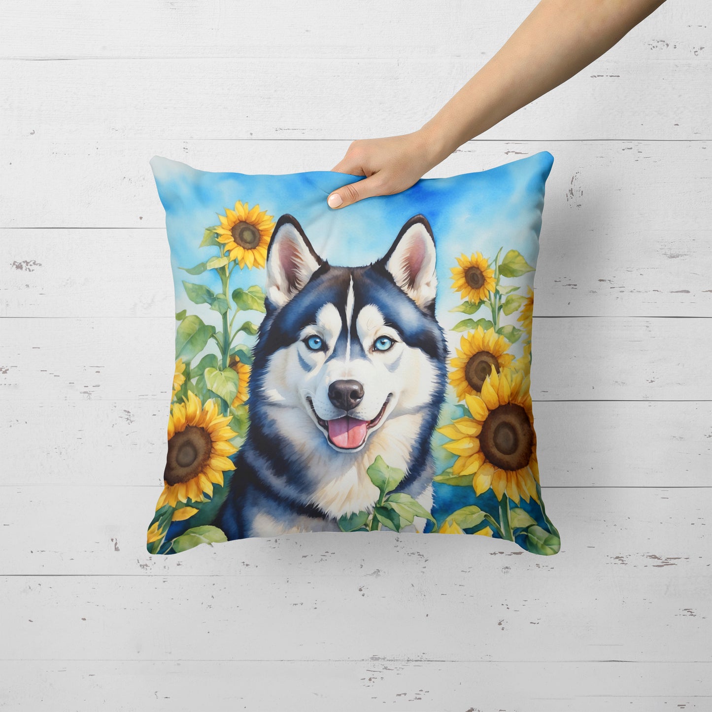 Siberian Husky in Sunflowers Throw Pillow