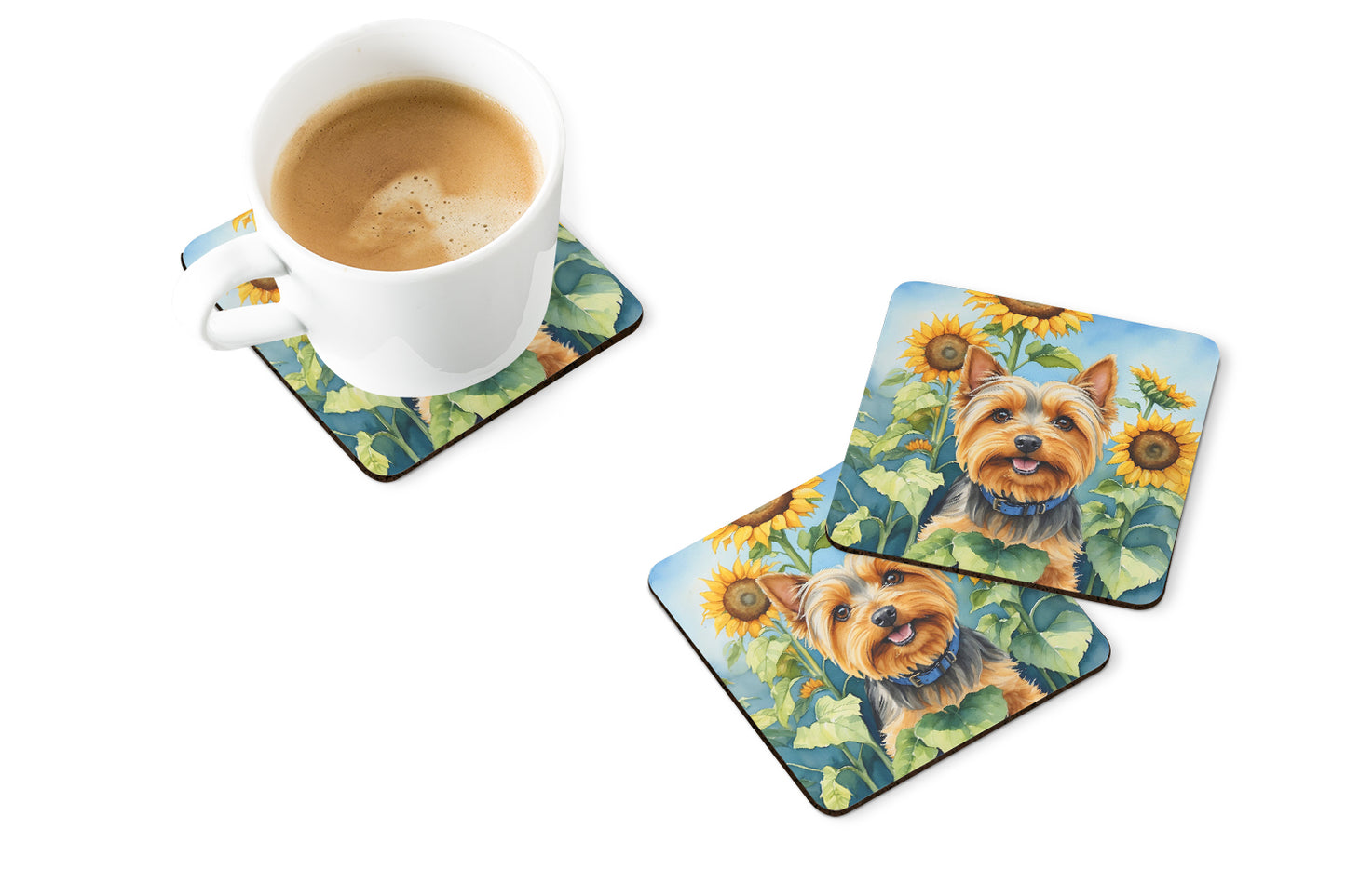 Silky Terrier in Sunflowers Foam Coasters