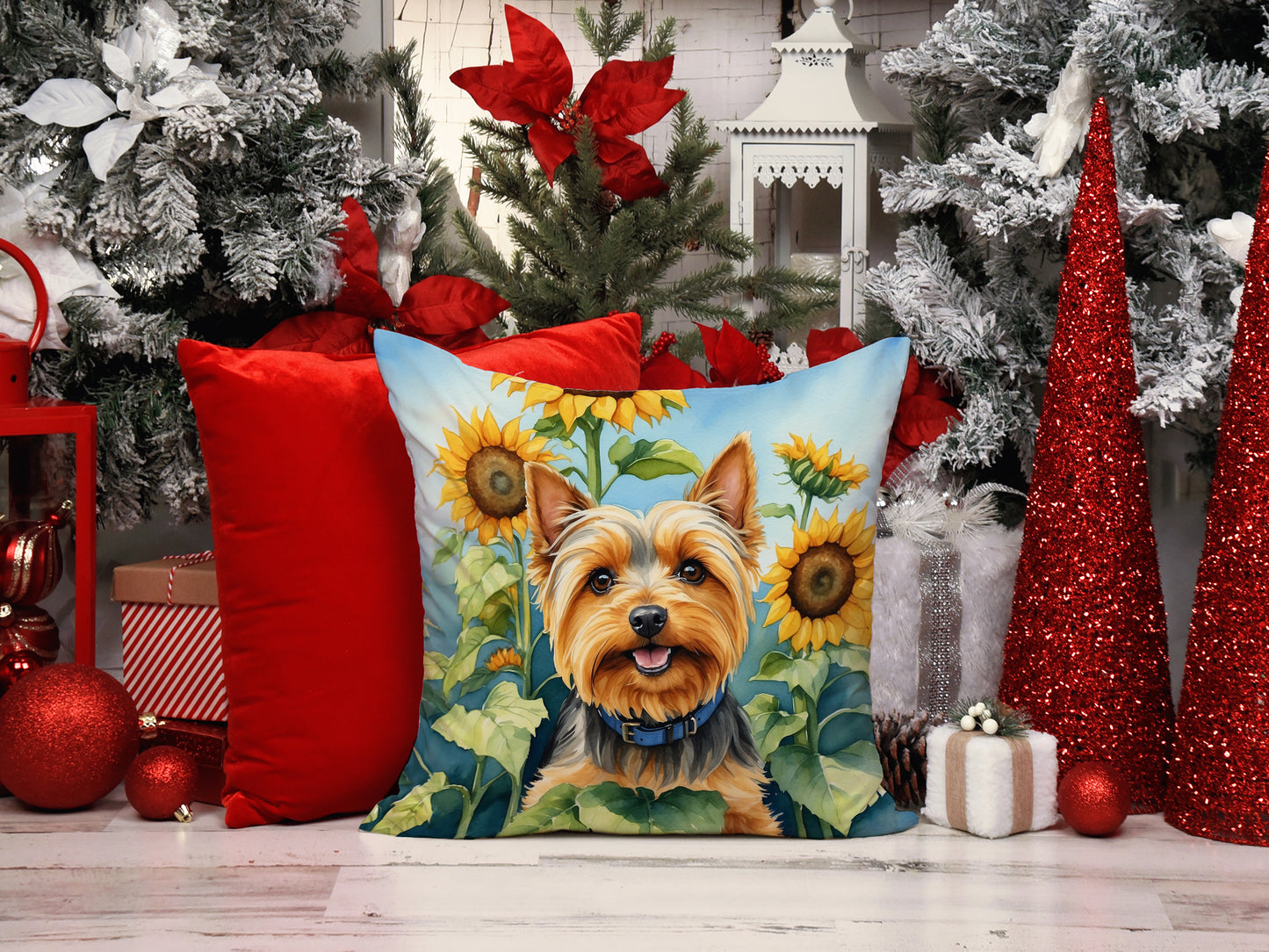 Silky Terrier in Sunflowers Throw Pillow