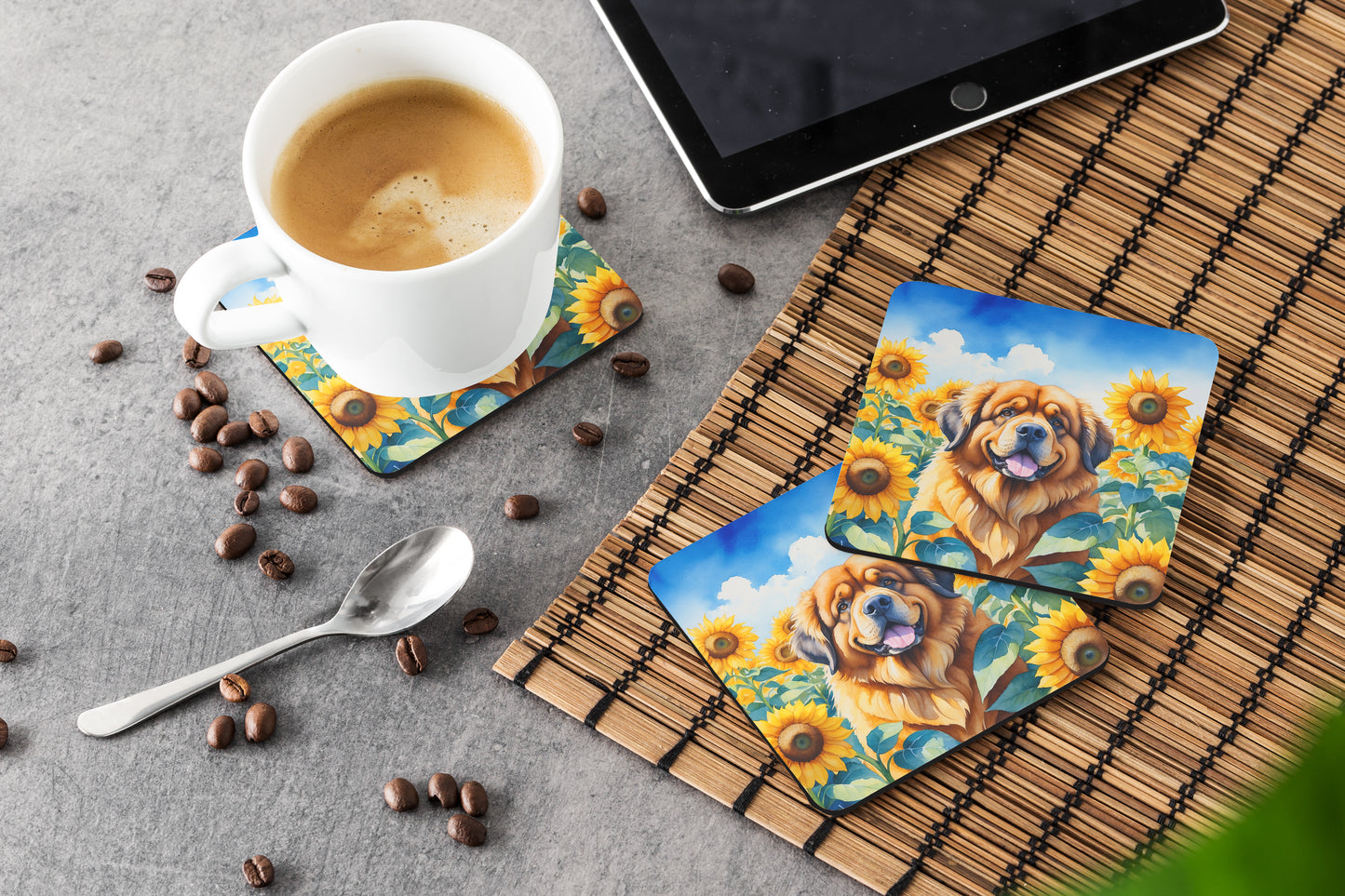 Tibetan Mastiff in Sunflowers Foam Coasters