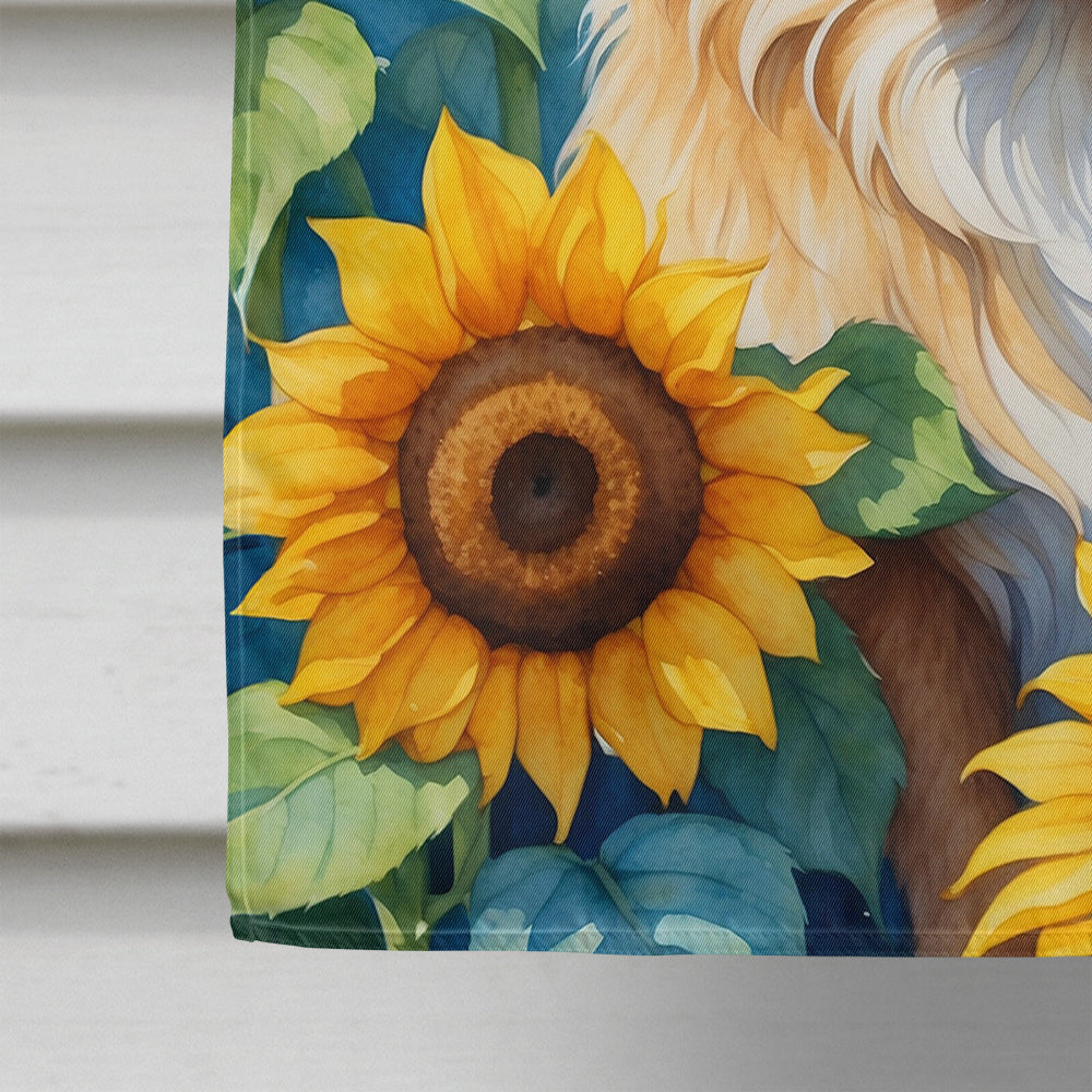 Tibetan Spaniel in Sunflowers House Flag