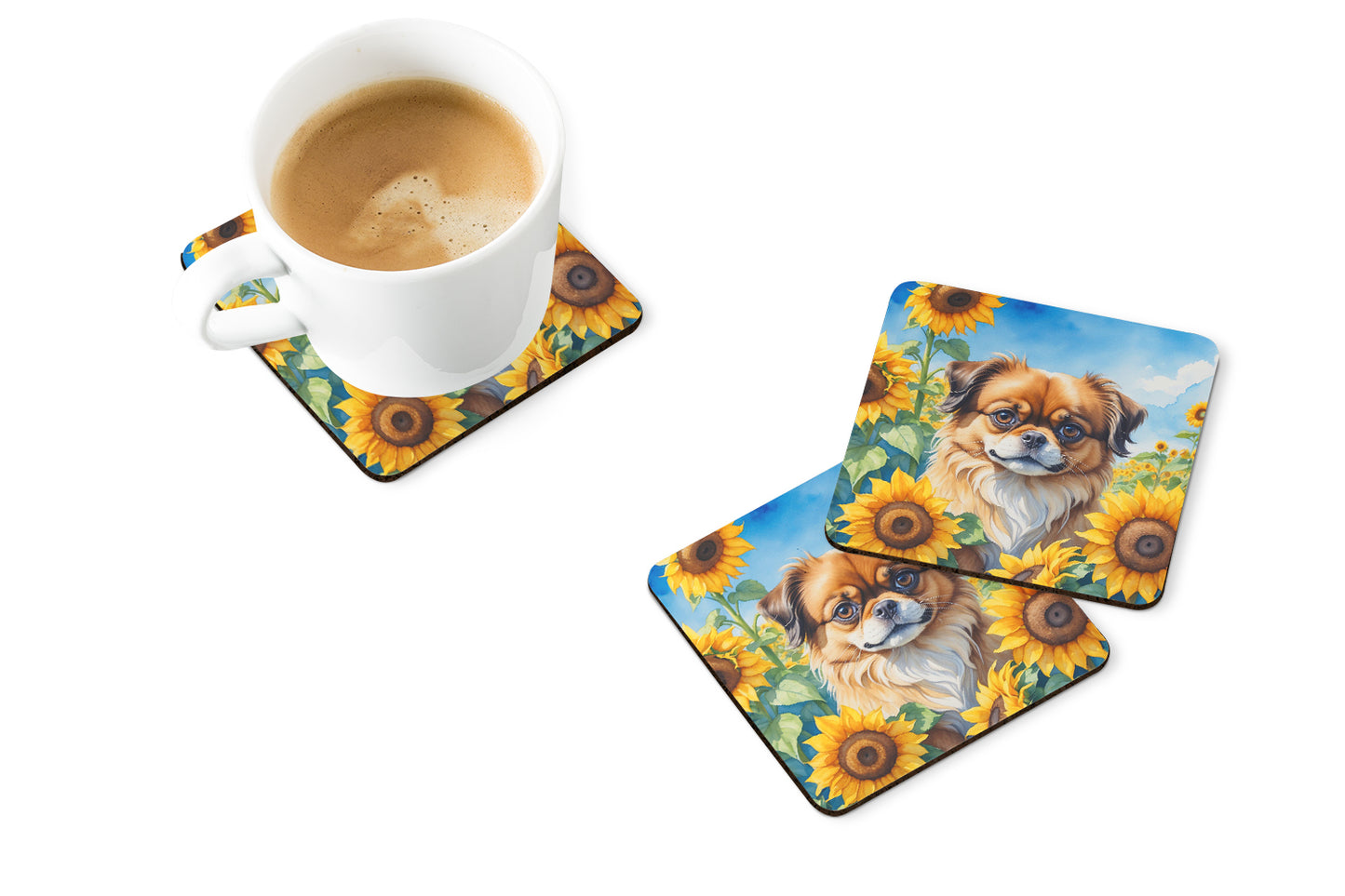 Tibetan Spaniel in Sunflowers Foam Coasters