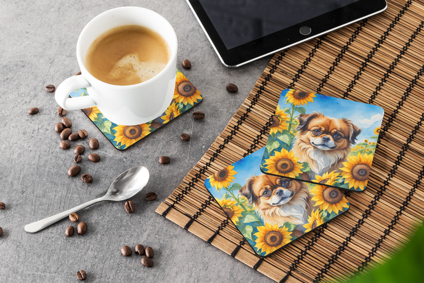 Tibetan Spaniel in Sunflowers Foam Coasters