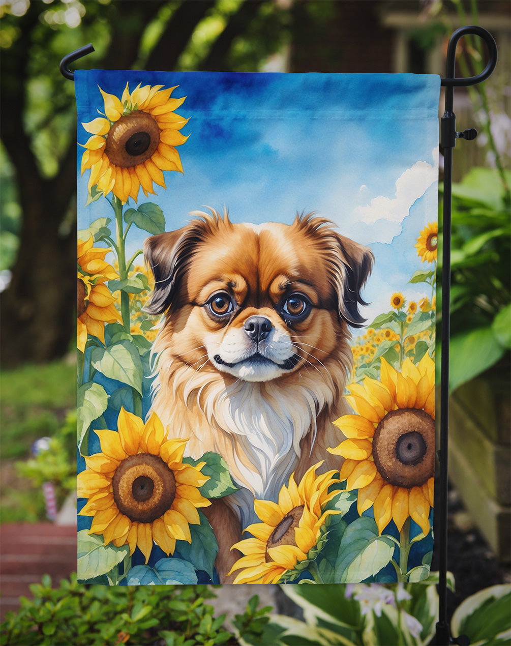 Tibetan Spaniel in Sunflowers Garden Flag