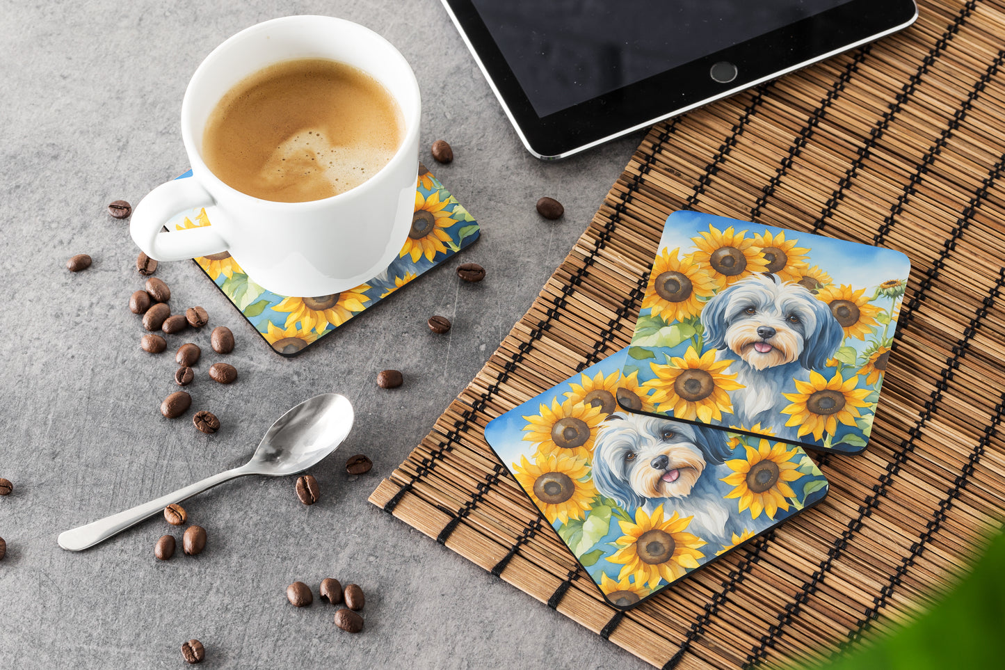 Tibetan Terrier in Sunflowers Foam Coasters