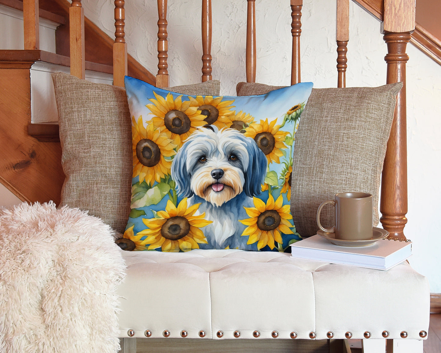 Tibetan Terrier in Sunflowers Throw Pillow