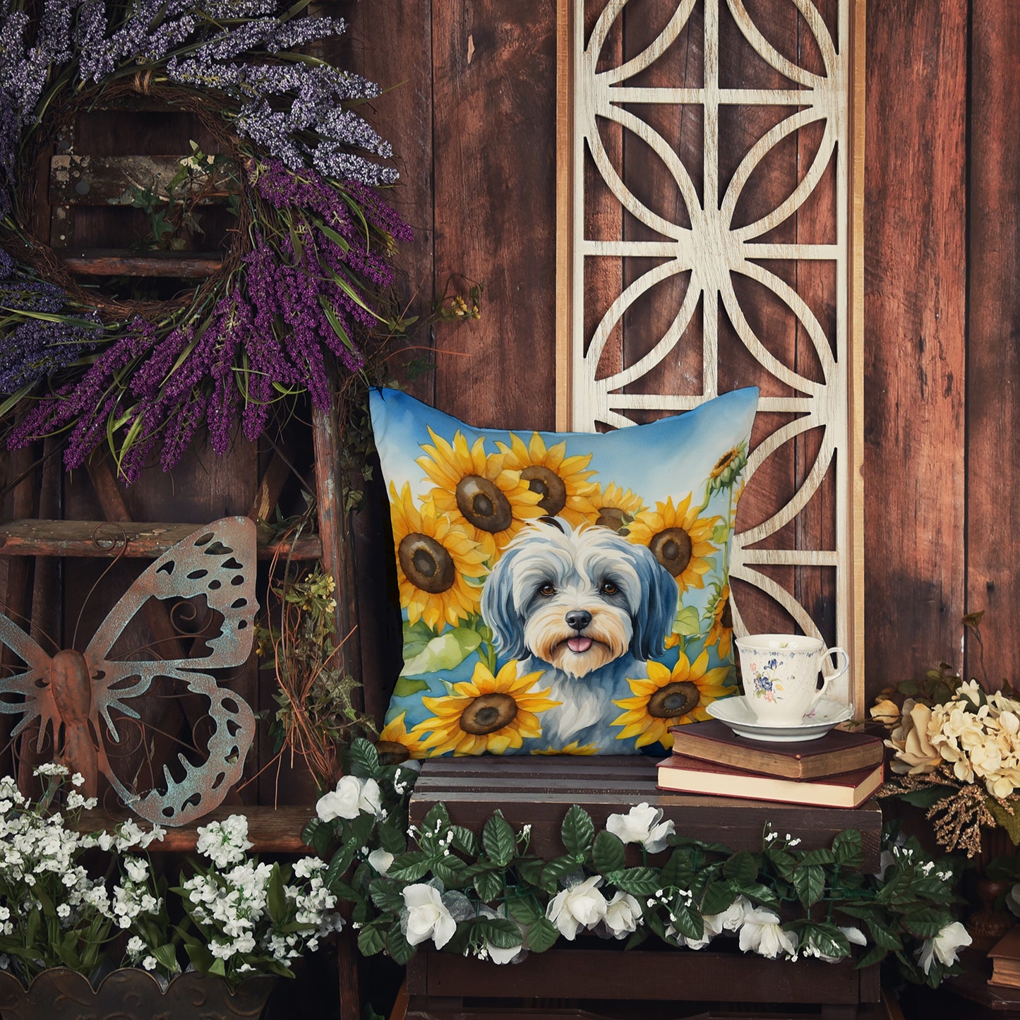 Tibetan Terrier in Sunflowers Throw Pillow