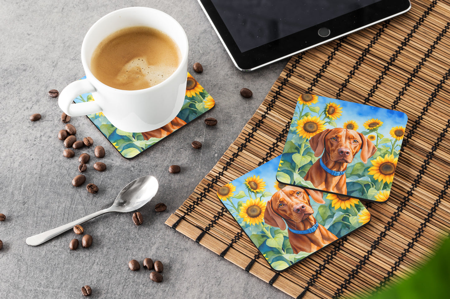 Vizsla in Sunflowers Foam Coasters