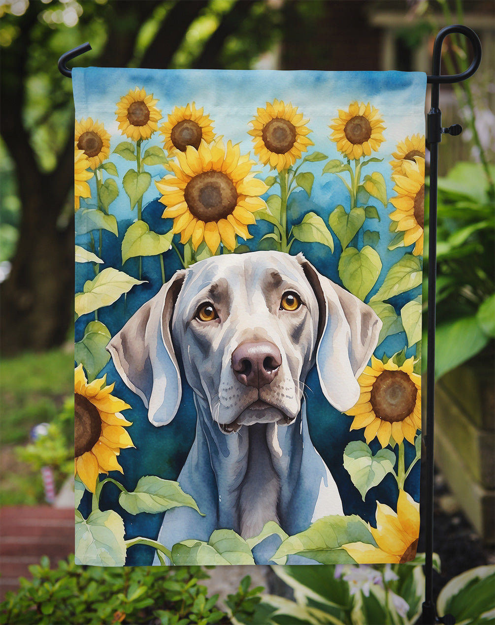 Weimaraner in Sunflowers Garden Flag