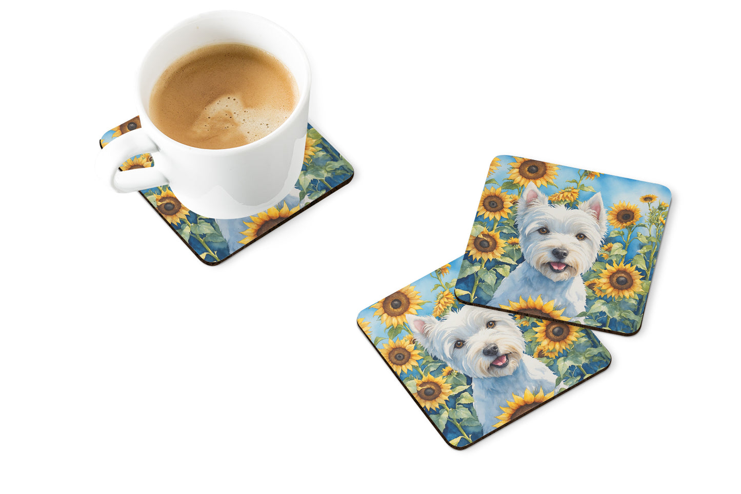 Westie in Sunflowers Foam Coasters