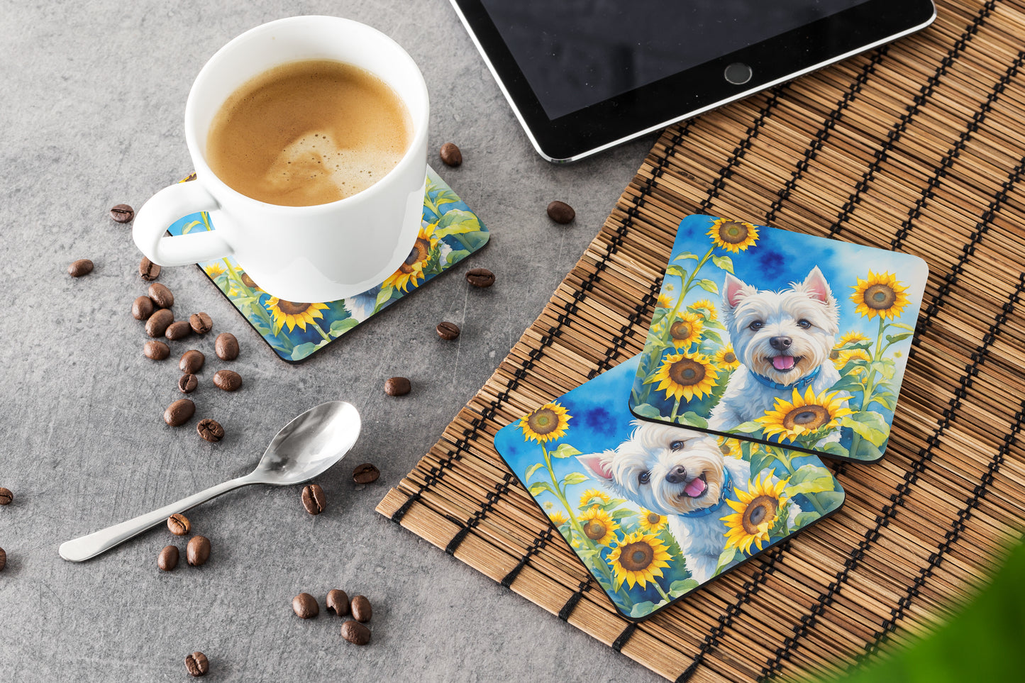 Westie in Sunflowers Foam Coasters