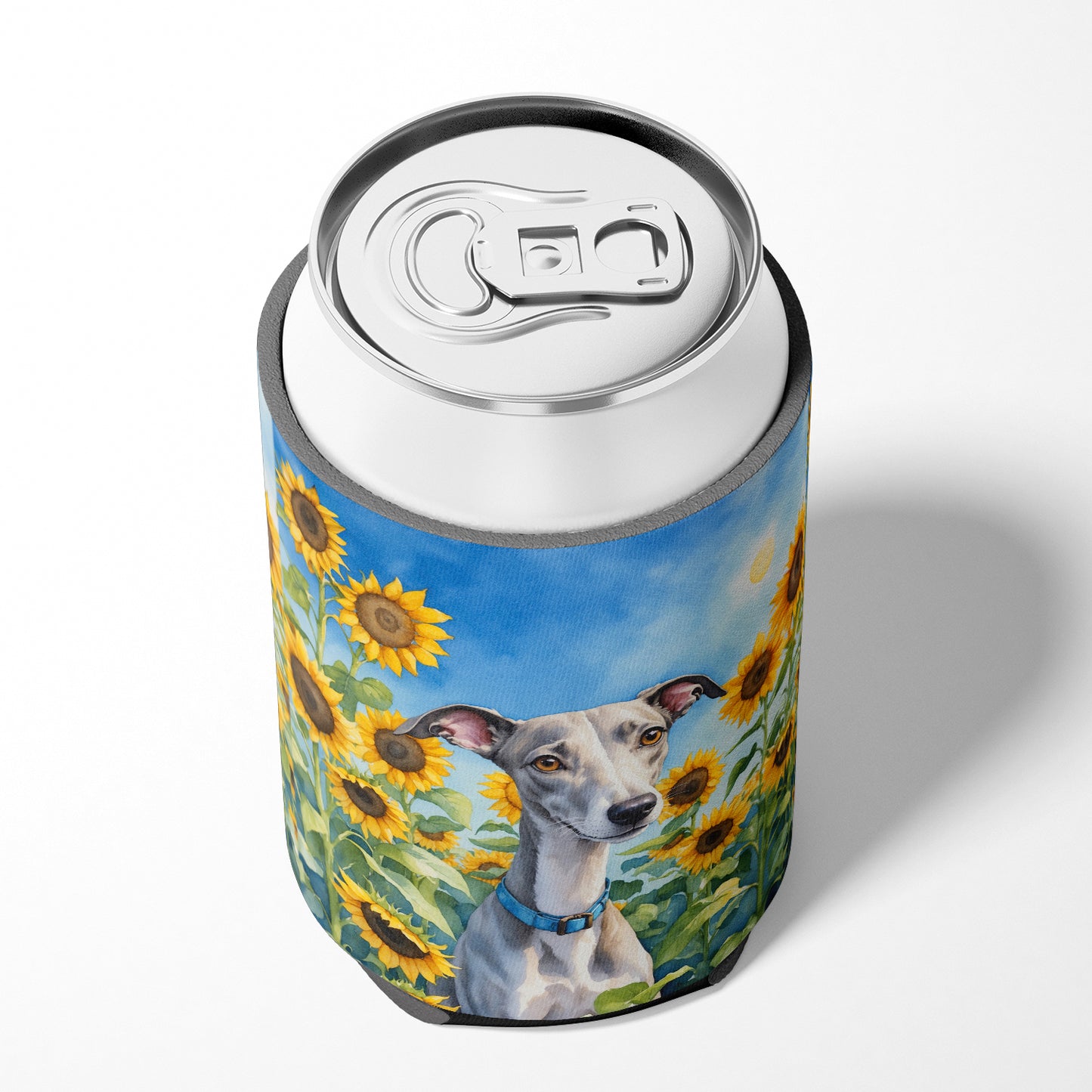 Whippet in Sunflowers Can or Bottle Hugger