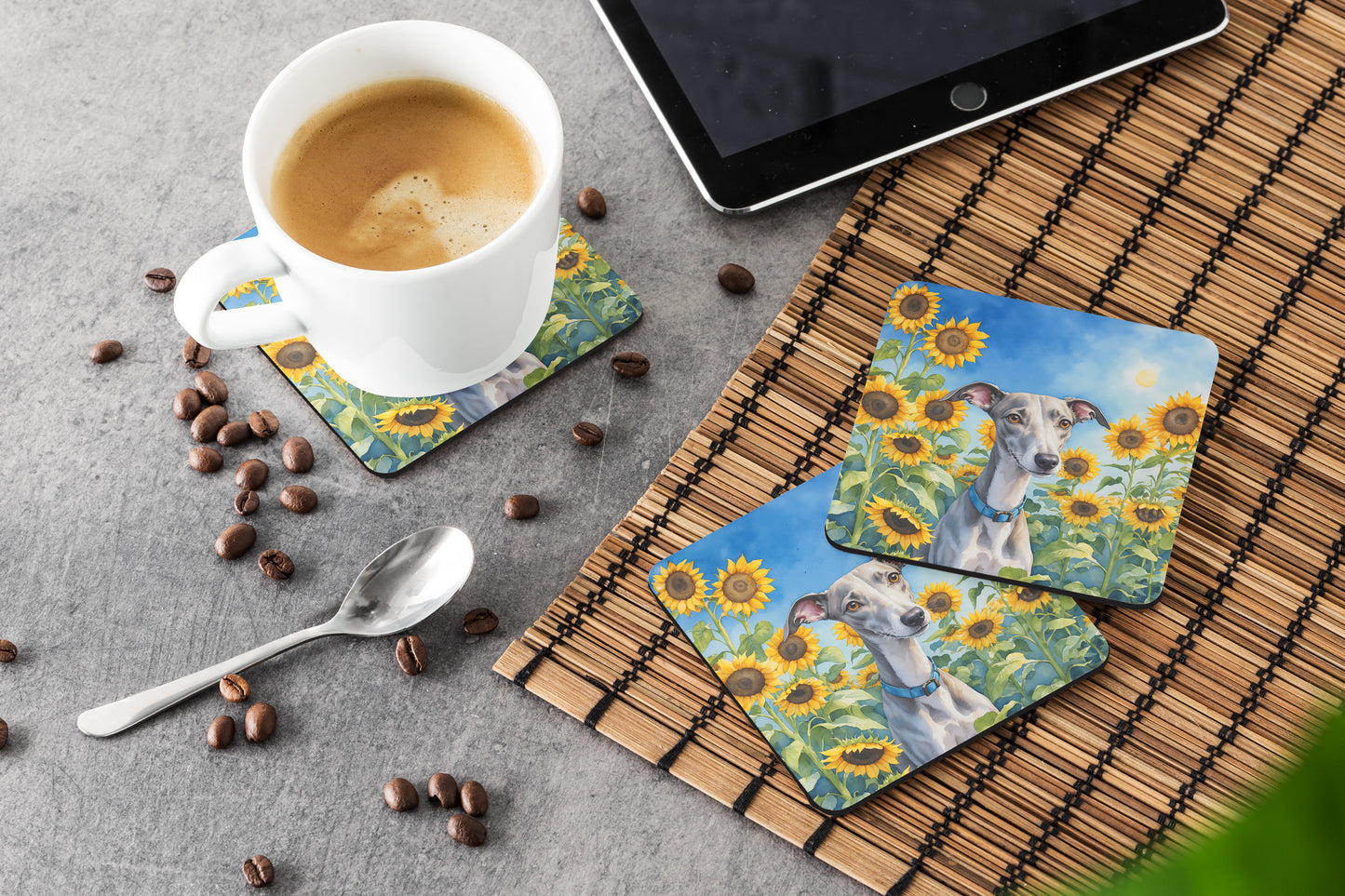 Whippet in Sunflowers Foam Coasters