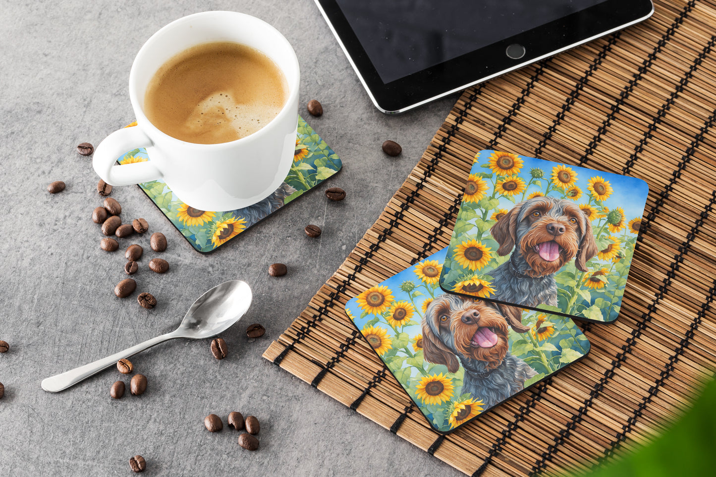Wirehaired Pointing Griffon in Sunflowers Foam Coasters