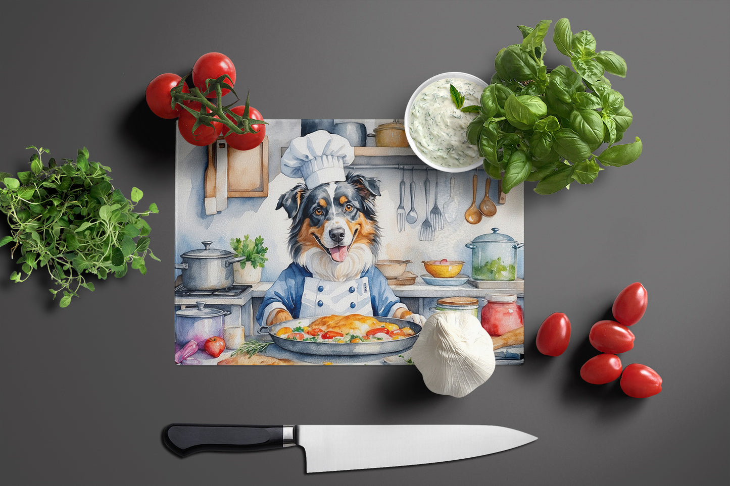 Australian Shepherd The Chef Glass Cutting Board