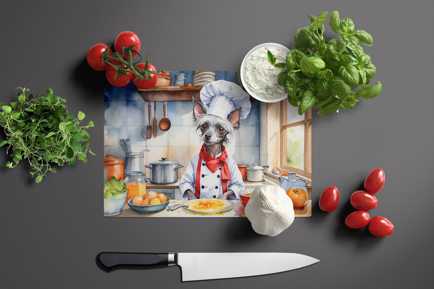 Chinese Crested The Chef Glass Cutting Board