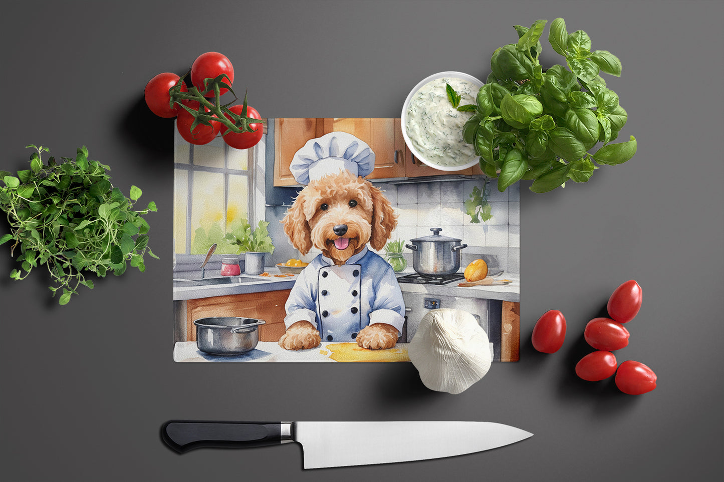 Goldendoodle The Chef Glass Cutting Board