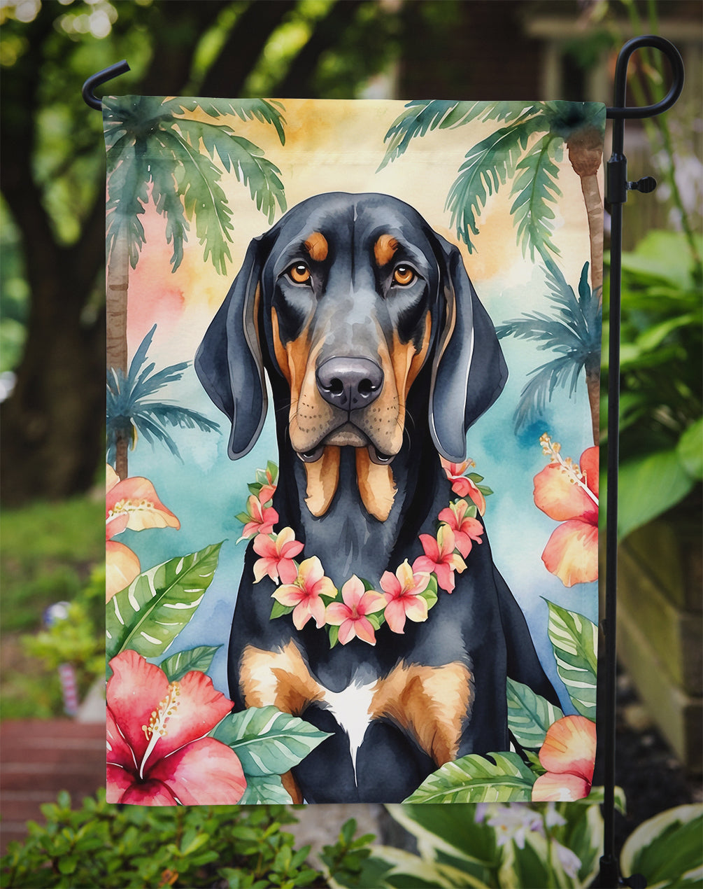 Black and Tan Coonhound Luau Garden Flag