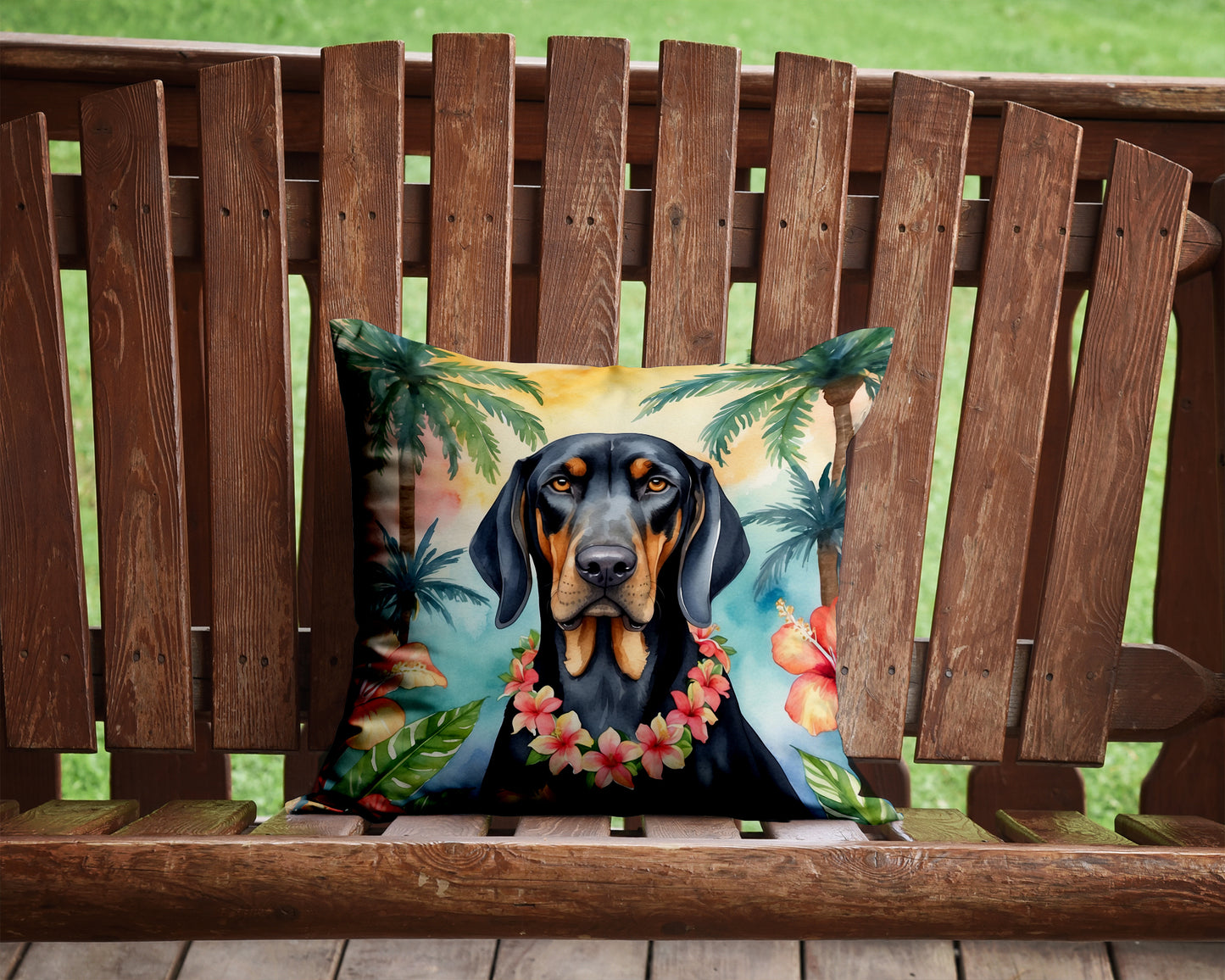 Black and Tan Coonhound Luau Throw Pillow