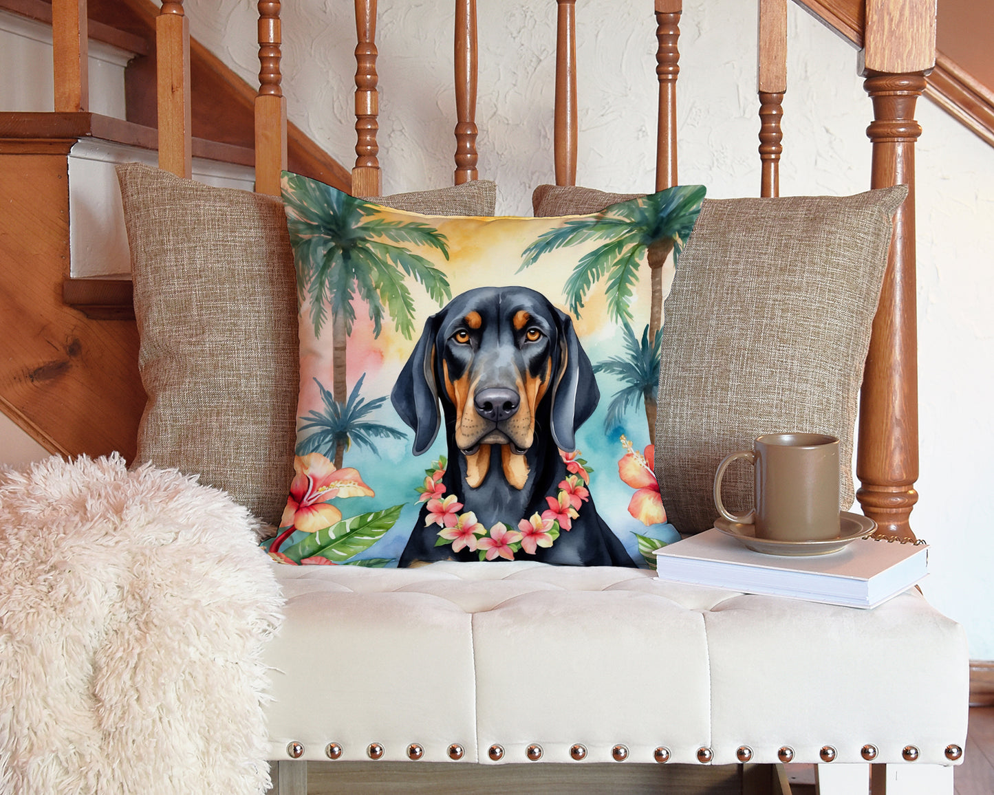 Black and Tan Coonhound Luau Throw Pillow