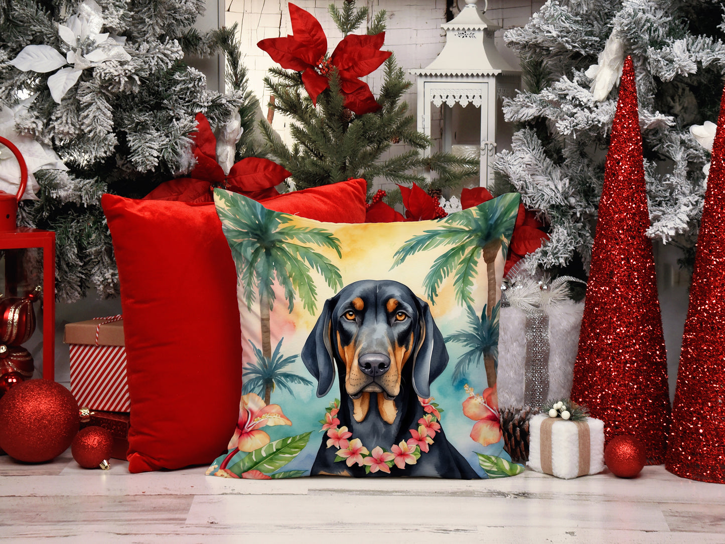 Black and Tan Coonhound Luau Throw Pillow