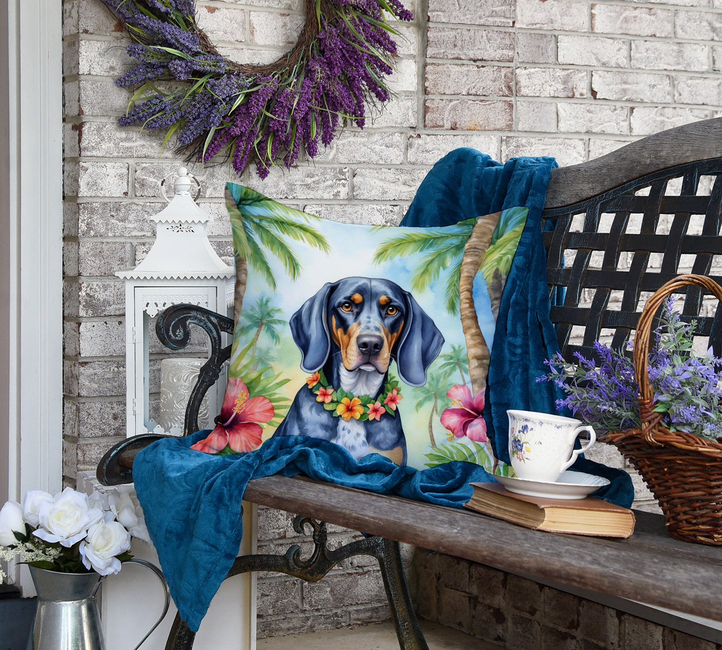 Bluetick Coonhound Luau Throw Pillow