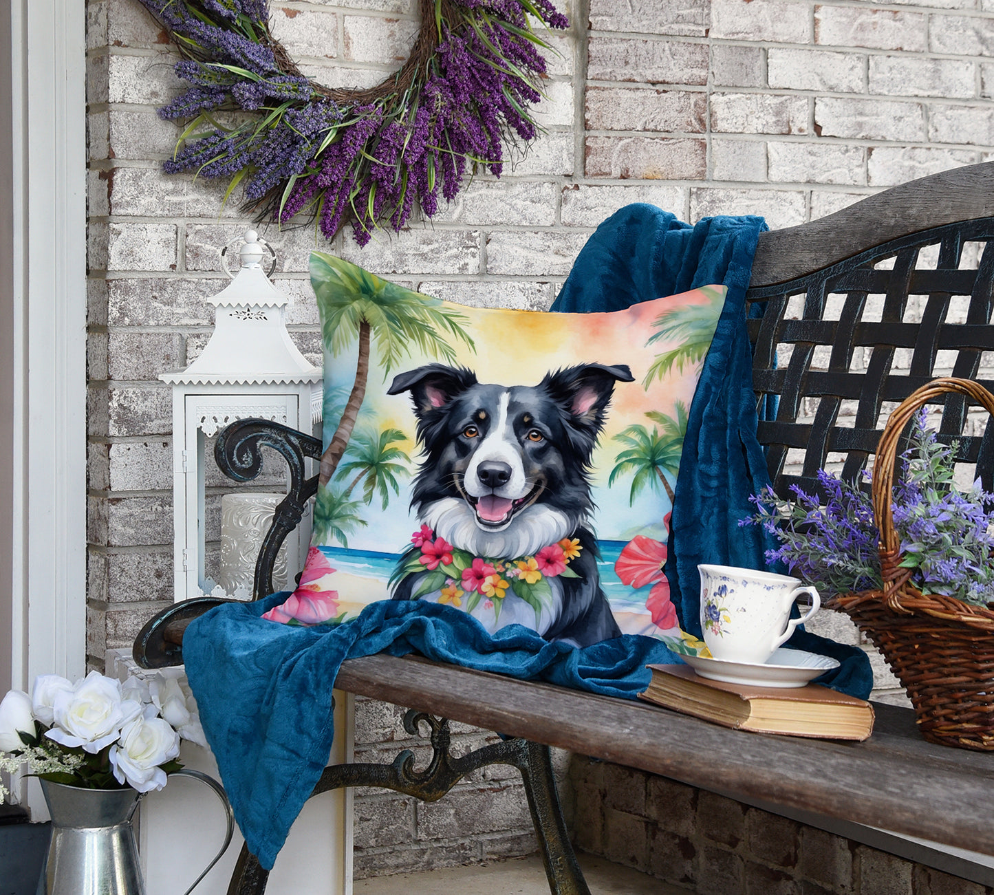 Border Collie Luau Throw Pillow